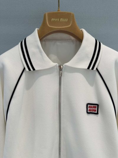 Miu Miu Contrast-Trim Long Sleeve Jacket in White