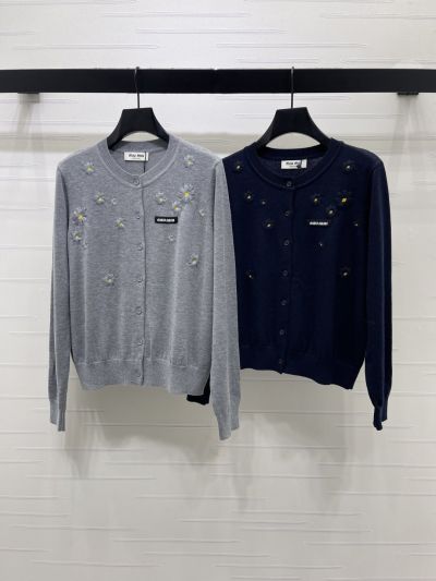 Miu Miu Crew Neck Long Sleeve Cardigan in Grey and Navy