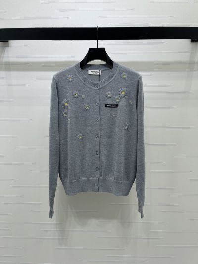 Miu Miu Crew Neck Long Sleeve Cardigan in Grey and Navy