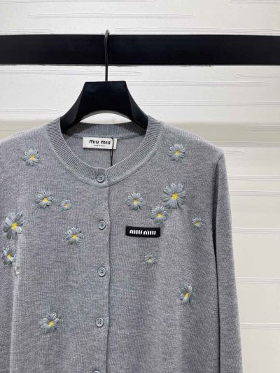 Miu Miu Crew Neck Long Sleeve Cardigan in Grey and Navy