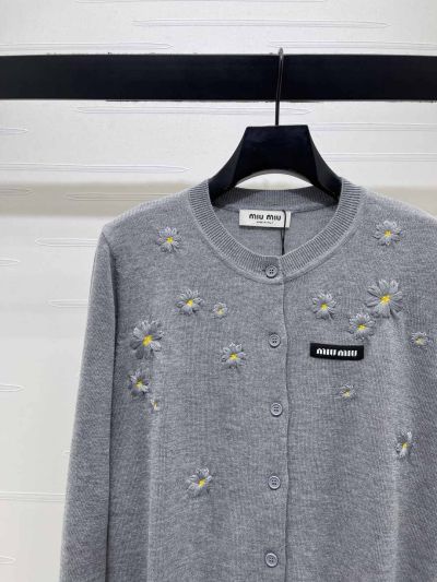 Miu Miu Crew Neck Long Sleeve Cardigan in Grey and Navy