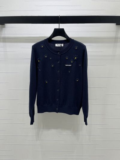 Miu Miu Crew Neck Long Sleeve Cardigan in Navy
