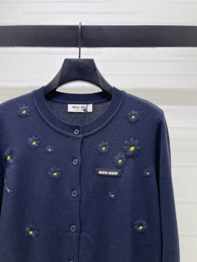Miu Miu Crew Neck Long Sleeve Cardigan in Navy