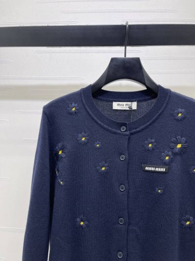 Miu Miu Crew Neck Long Sleeve Cardigan in Navy