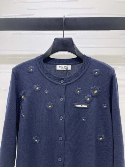 Miu Miu Crew Neck Long Sleeve Cardigan in Navy