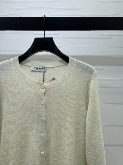Miu Miu Crew Neck Long Sleeve Cardigan in White