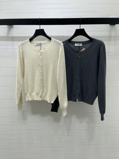 Miu Miu Crew Neck Long Sleeve Cardigan in White