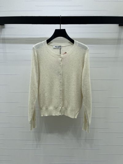 Miu Miu Crew Neck Long Sleeve Cardigan in White