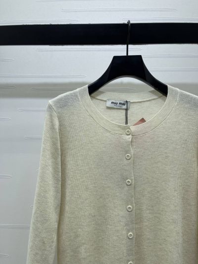 Miu Miu Crew Neck Long Sleeve Cardigan in White