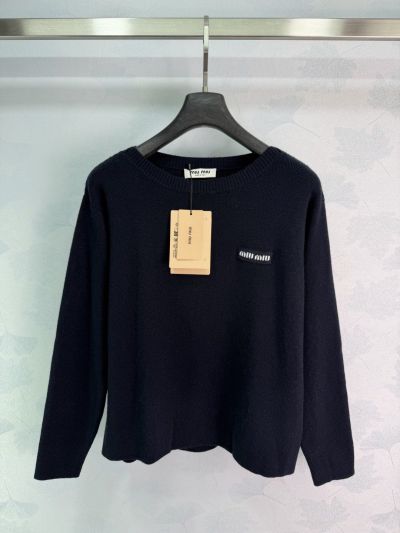 Miu Miu Crew Neck Long Sleeve Sweater in Navy