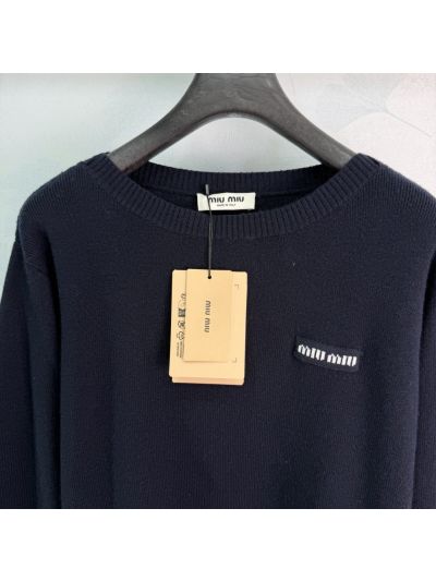 Miu Miu Crew Neck Long Sleeve Sweater in Navy