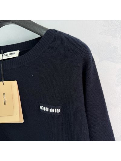 Miu Miu Crew Neck Long Sleeve Sweater in Navy