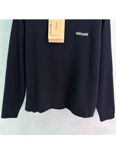 Miu Miu Crew Neck Long Sleeve Sweater in Navy