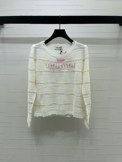 Miu Miu Crew Neck Long Sleeve Sweater in White