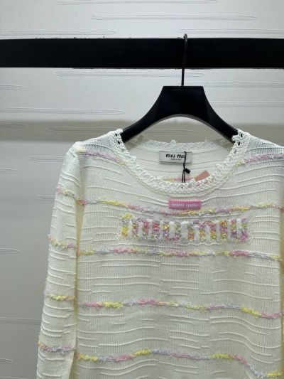 Miu Miu Crew Neck Long Sleeve Sweater in White