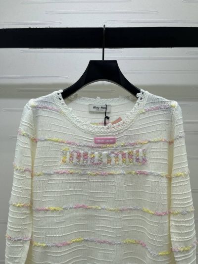 Miu Miu Crew Neck Long Sleeve Sweater in White
