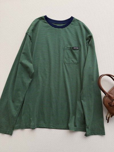 Miu Miu Crew Neck Long Sleeve T-Shirt in Green and Navy