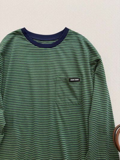Miu Miu Crew Neck Long Sleeve T-Shirt in Green and Navy