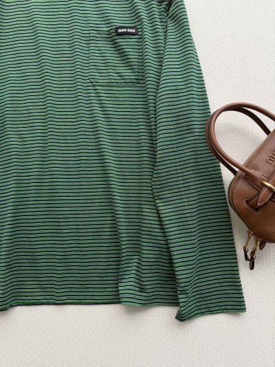 Miu Miu Crew Neck Long Sleeve T-Shirt in Green and Navy