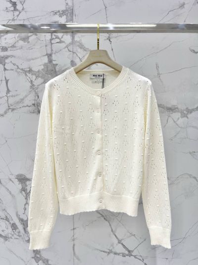 Miu Miu Crew Neck Openwork Cardigan in White