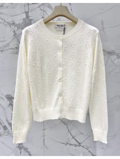 Miu Miu Crew Neck Openwork Cardigan in White