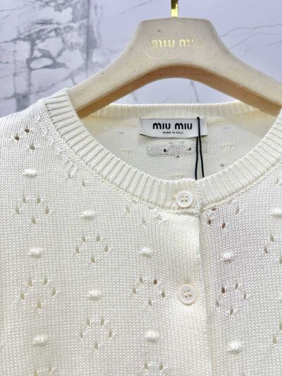 Miu Miu Crew Neck Openwork Cardigan in White