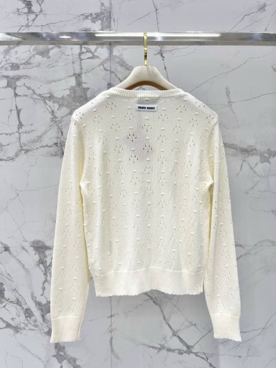 Miu Miu Crew Neck Openwork Cardigan in White