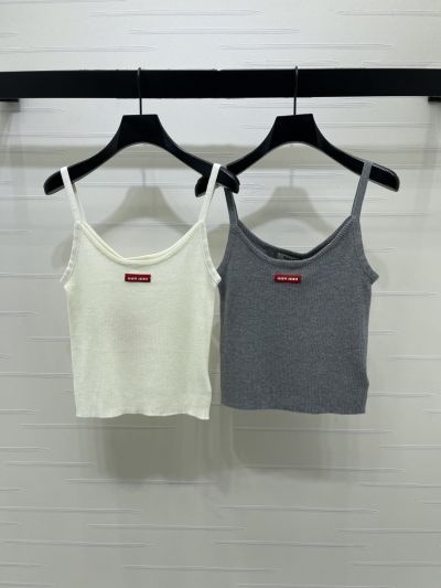 Miu Miu Crew Neck Ribbed Knit Top in White and Grey