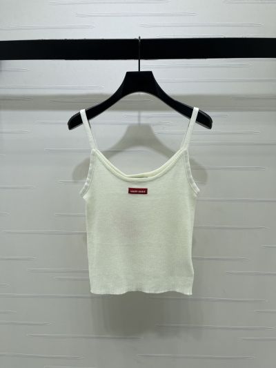 Miu Miu Crew Neck Ribbed Knit Top in White and Grey