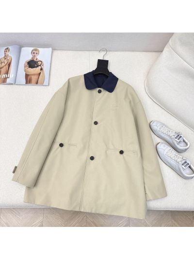 Miu Miu Double-Breasted Turn-Down Collar Coat in Beige