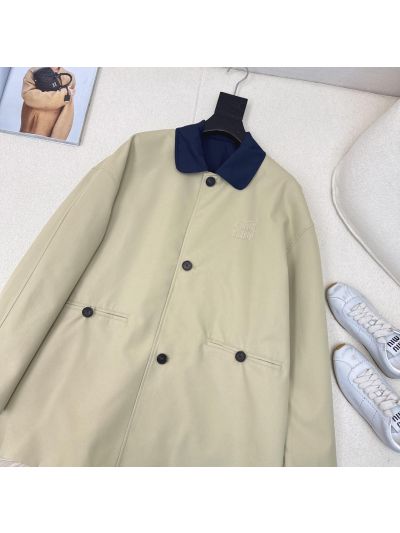 Miu Miu Double-Breasted Turn-Down Collar Coat in Beige