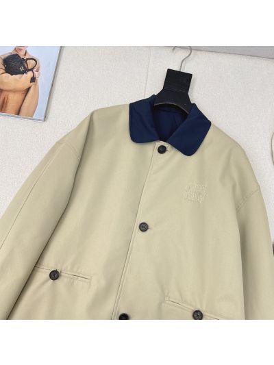 Miu Miu Double-Breasted Turn-Down Collar Coat in Beige