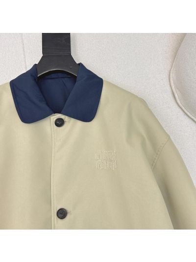 Miu Miu Double-Breasted Turn-Down Collar Coat in Beige
