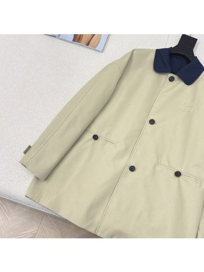 Miu Miu Double-Breasted Turn-Down Collar Coat in Beige