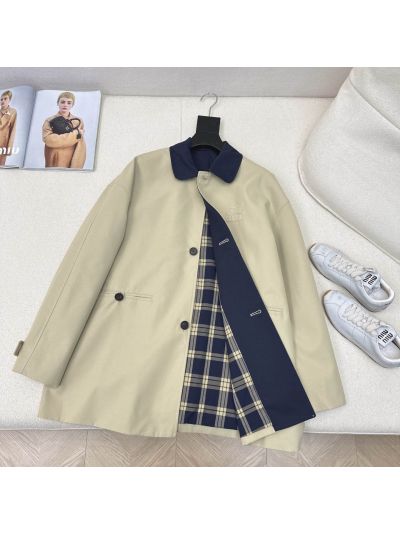 Miu Miu Double-Breasted Turn-Down Collar Coat in Beige