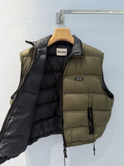 Miu Miu Drawstring Quilted Vest in Khaki