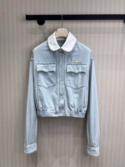 Miu Miu Embroidered Denim Coat in Light Blue