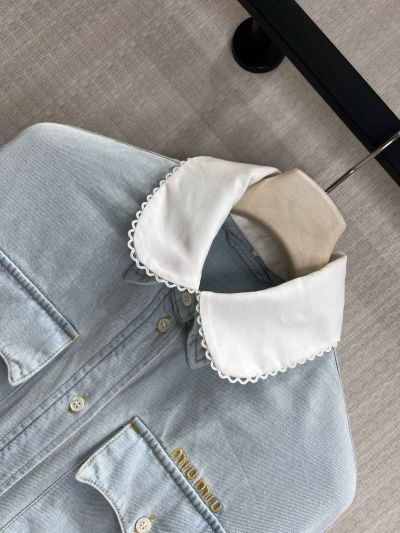 Miu Miu Embroidered Denim Coat in Light Blue