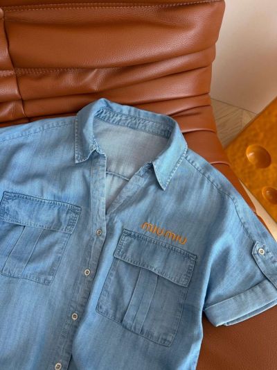 Miu Miu Embroidered Denim Shirt in Light Blue