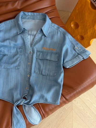 Miu Miu Embroidered Denim Shirt in Light Blue