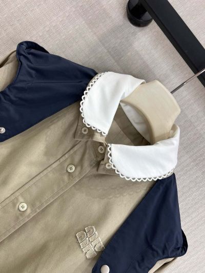 Miu Miu Hooded Embroidered Coat in Beige and Navy