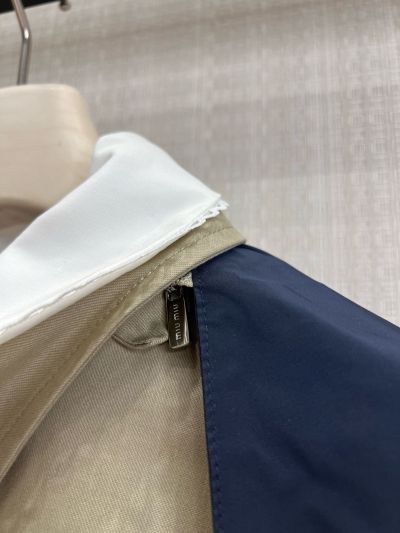 Miu Miu Hooded Embroidered Coat in Beige and Navy