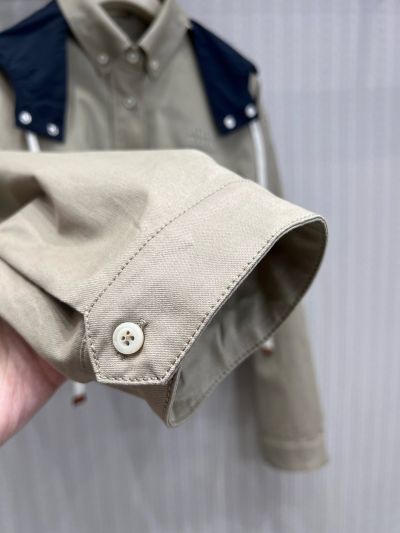 Miu Miu Hooded Embroidered Coat in Beige and Navy
