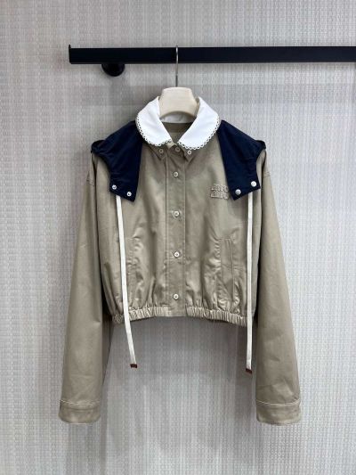 Miu Miu Hooded Embroidered Coat in Beige and Navy