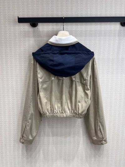 Miu Miu Hooded Embroidered Coat in Beige and Navy