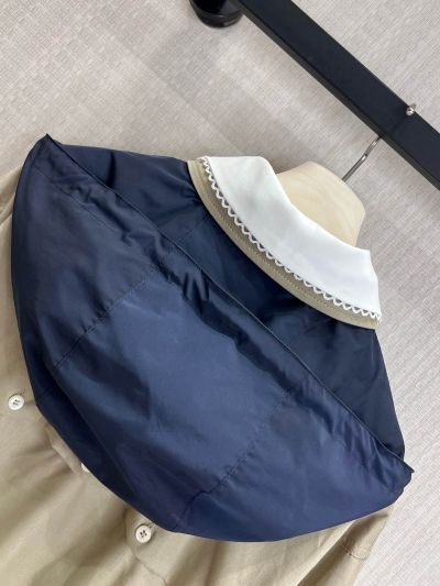 Miu Miu Hooded Embroidered Coat in Beige and Navy