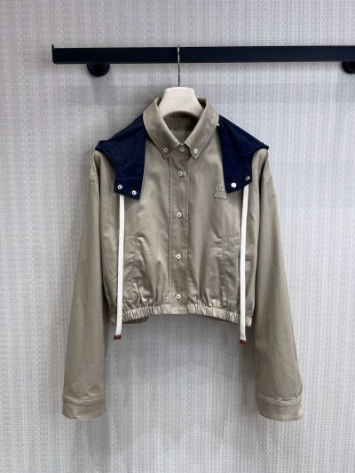 Miu Miu Hooded Embroidered Coat in Beige and Navy