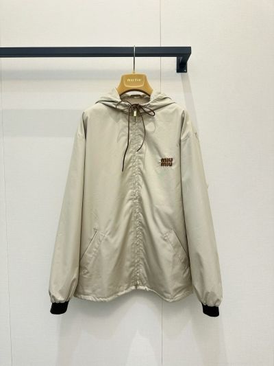 Miu Miu Hooded Leather Coat in Beige