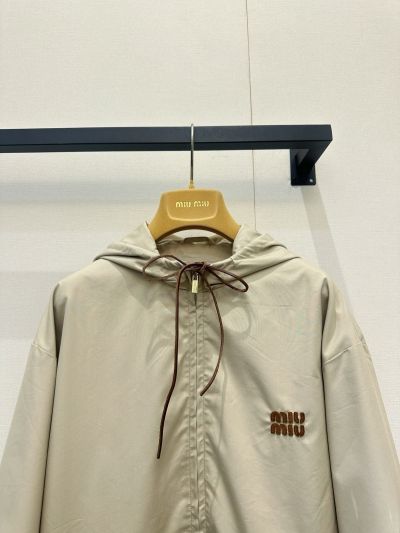 Miu Miu Hooded Leather Coat in Beige