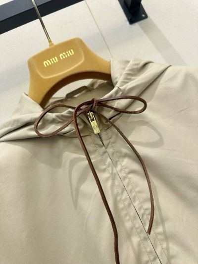 Miu Miu Hooded Leather Coat in Beige